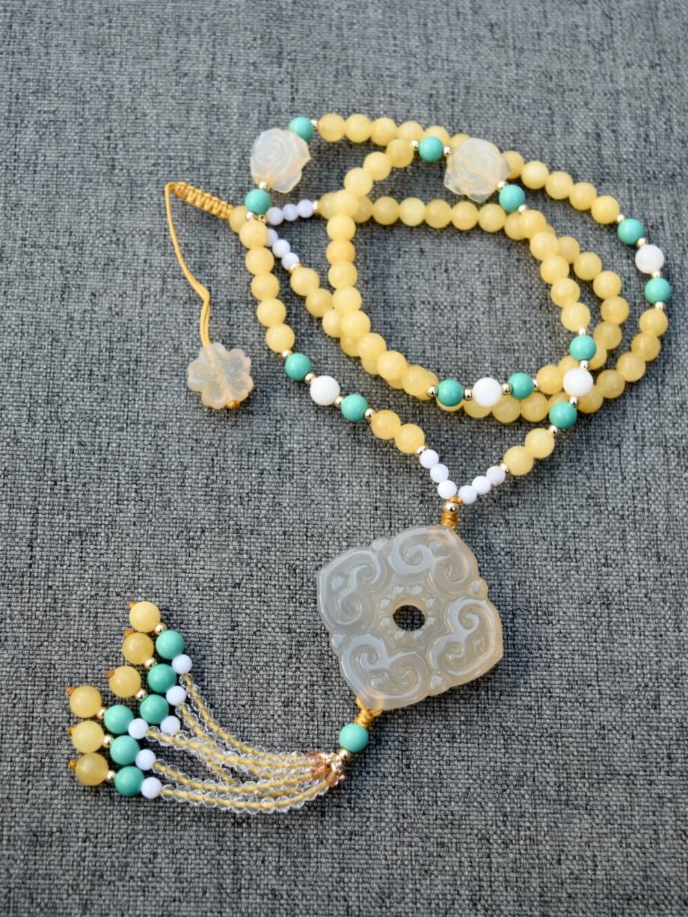 Agate Ruyi Flower Charm Yellow Jade Necklace
